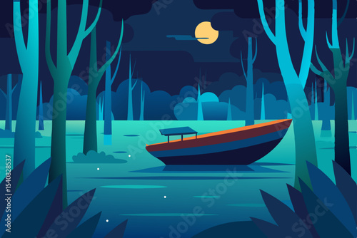 A solitary boat drifts on the clear blue ocean under a vast night sky, a tranquil summer travel landscape
