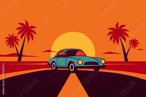 Classic car travels on a summer road toward the sunset beach under a cloudy sky