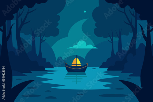 Vector illustration of a pirate ship sailing on the summer ocean at night with waves