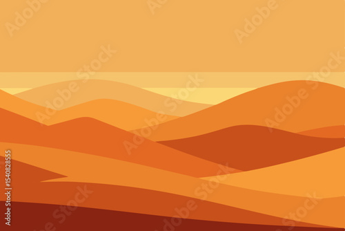 Vector illustration of a desert landscape at sunset, featuring orange skies, sand dunes, and distant mountains