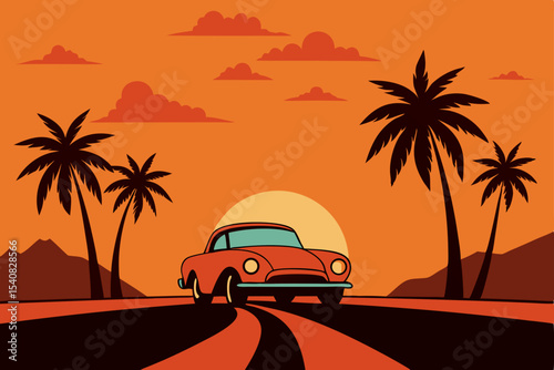 Tropical sunset landscape with car on the beach silhouette under palm trees