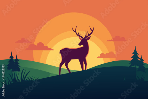 Wild deer and reindeer silhouettes in a forest nature landscape illustration