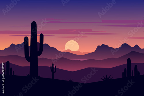 Orange sky sunset silhouette over arizona desert mountains with saguaro cactus landscape