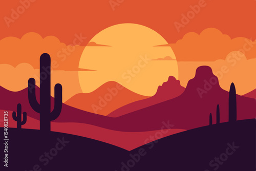 Desert landscape with saguaro cactus silhouettes against a vibrant orange sunset sky and distant mountains
