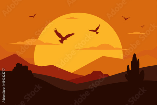 Orange desert sunset with a lone man and birds silhouetted against a mountain landscape