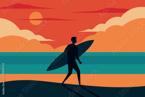 Sunset beach scene with a silhouette of a woman running near a surfer, as waves crash under a vibrant sky