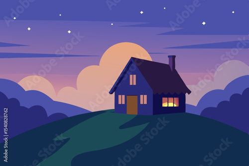 Moonlit house on a hill, a dark silhouette against the star-filled night sky, with distant city lights