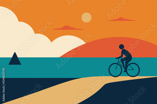 Silhouetted cyclists ride bikes on the beach and mountain roads during sunset, enjoying summer cycling adventures by the sea