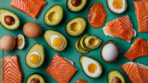 Elevate your understanding of the keto diet with a vibrant assortment of salmon, avocado, eggs on green background
