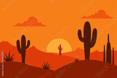 Desert landscape with cactus silhouettes against a vibrant orange sunset sky, evoking a hot, dry, western nature scene