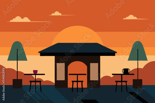 Tropical beachside restaurant at sunset with vibrant sky and calm ocean
