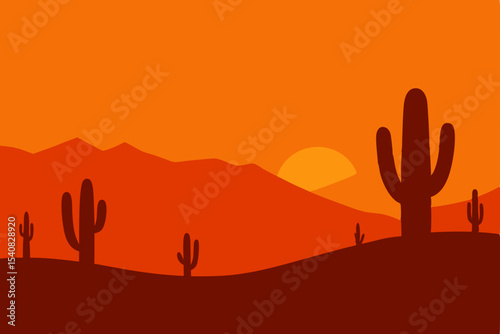 Desert sunset landscape with silhouetted cactus, a hot Arizona summer illustration