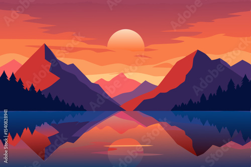 Mountain landscape at dawn and dusk with sun-kissed peaks, mist, and clouds