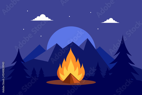 Vector illustration of a tranquil mountain landscape at night with a camping tent under a starry sky