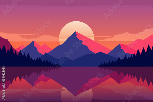 Vibrant mountain landscape at sunrise or sunset, with mist and clouds blanketing the peaks and valleys