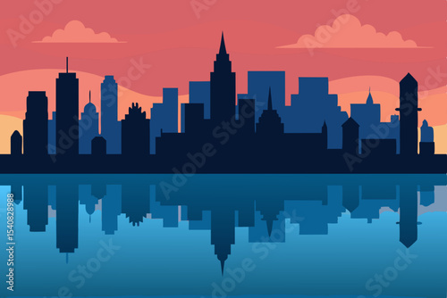 Chicago, Seattle, or other city skylines at sunset, featuring urban silhouettes and architectural landmarks