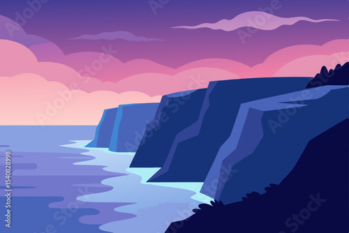 Sunset over a rugged coastline, an iceberg caught in the waves of the vast ocean under a summer sky
