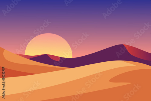 Desert landscape at sunset with an orange sky, silhouetted mountains, and a lone tree