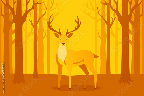 Forest deer illustration, wild nature animal silhouette with antlers