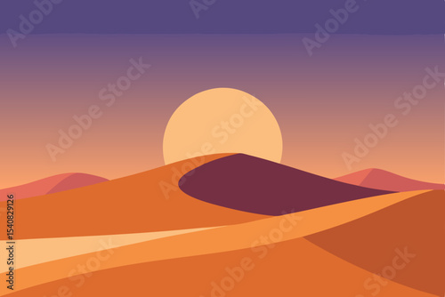 Golden desert landscape with dunes and mountains at sunset