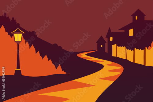 Dark silhouette of a spooky village with a twisted tree and church against a moonlit sky, leading to a mysterious urban road at night