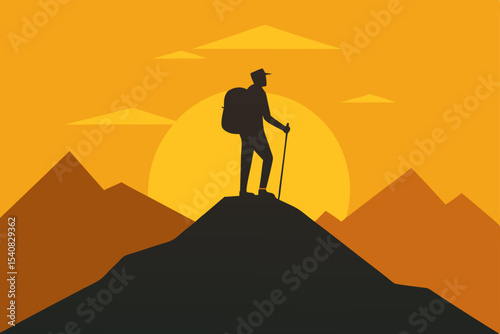 Lonely man enjoying the breathtaking sunset silhouette on a mountain top, a true adventure in nature's orange sky