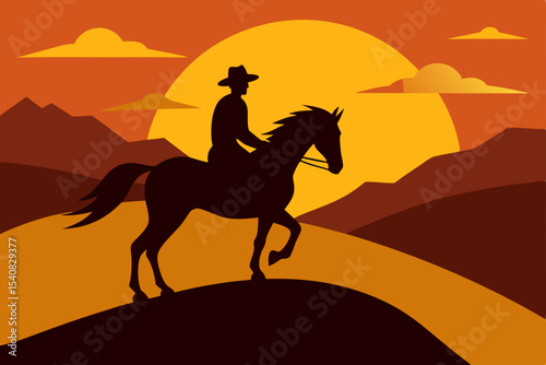 Western desert landscape at sunset featuring a silhouette of a horse and camel caravan