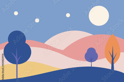 Winter landscape illustration with moonlit sky and snowy mountains