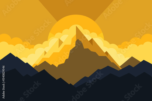 Misty morning mountain landscape with a vibrant orange sunrise silhouette