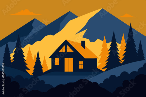 Sunrise over a snowy mountain landscape with a house silhouette on a hill, bathed in blue sky and golden sun, trees, and distant valleys