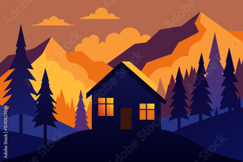 Winter holiday house in snowy mountain forest landscape vector illustration scene
