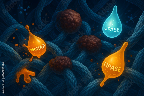 Conceptual molecular level illustration of droplets of protease and lipase enzymes acting on brown clumps of dirt embedded in blue fibers.