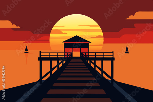 Peaceful sunset on a wooden pier overlooking the calm river with an orange sky