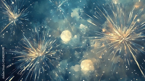 A sequence of fireworks forming lightning-like fractures through a moonlit sky