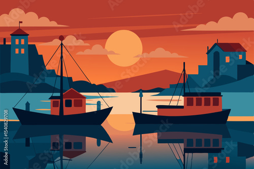 Fishing boat sailing on the sea at sunset