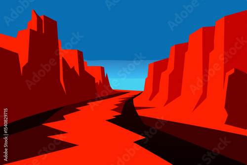 Red sandstone road to the mountains through a desert canyon landscape with a view of the sky and clouds in Zion National Park, Utah