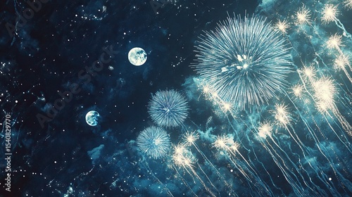 A sequence of fireworks forming lightning-like fractures through a moonlit sky