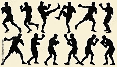 Wallpaper Mural Dynamic black silhouettes of boxers showcase combat sport actions. Fighters demonstrate powerful moves in various stances, representing boxing technique. Focus on strength, energy, movement. Perfect Torontodigital.ca