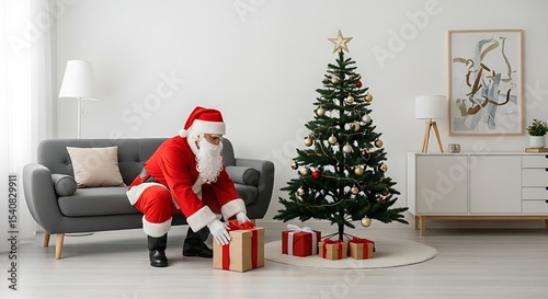 Santa Claus Presenting Gifts Under Christmas Tree in Bright Living Room Happy Holidays Festive Season Celebration of Christmas Eve Magic Moment and Happiness