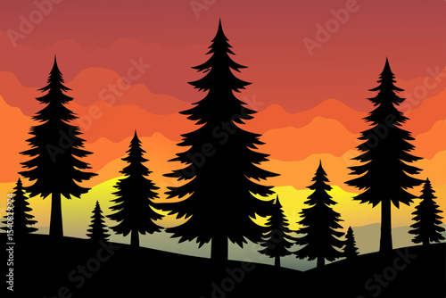 Winter forest landscape with pine trees at sunset
