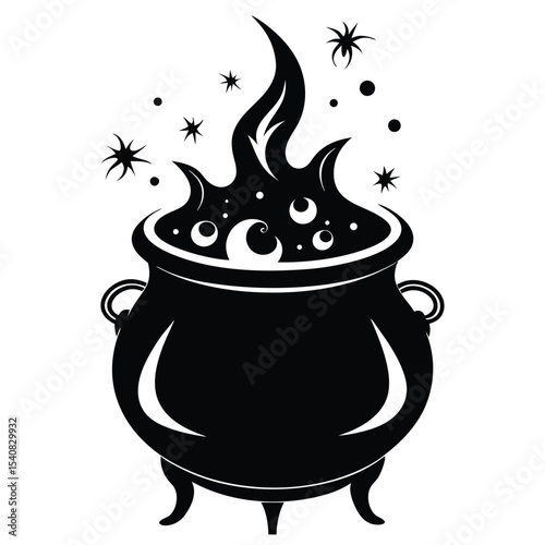 Bubbling Black Cauldron with Boiling Potion, Stars, and Orbs Icon Illustration