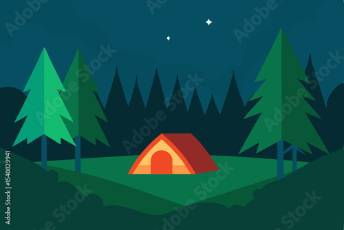 Forest camp with a tent nestled in the green mountain landscape