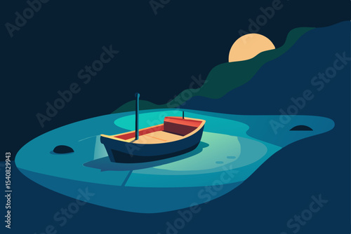 A fishing boat on the turquoise sea, near a tropical island with a blue sky, perfect for a summer vacation travel