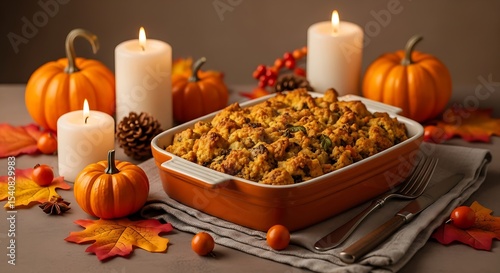 Thanksgiving Stuffing Bake in Orange Dish with Pumpkins and Candles Autumn Harvest Celebration Dinner Warm Holiday Home Cooked Food Still Life