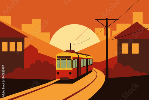 Electric city tram on a snowy street, a modern vehicle for urban transportation