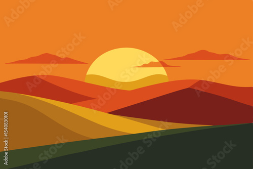 Vibrant orange and red hues paint the sky as the sun dips below the horizon, silhouetting mountain peaks and desert landscapes with scattered trees and clouds, a perfect nature travel design