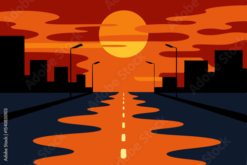 Urban skyline silhouette at a vibrant sunset