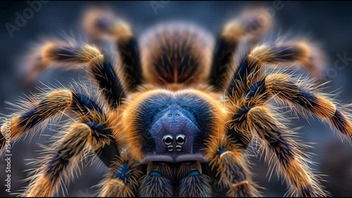 Macro portrait of a colorful, hairy tarantula spider