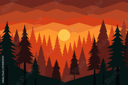 Winter mountain landscape at sunset or sunrise with pine trees and a serene sky