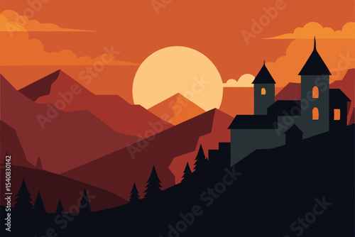 Vector illustration of a European castle silhouette in a mountainous sunset landscape with an orange sky and town